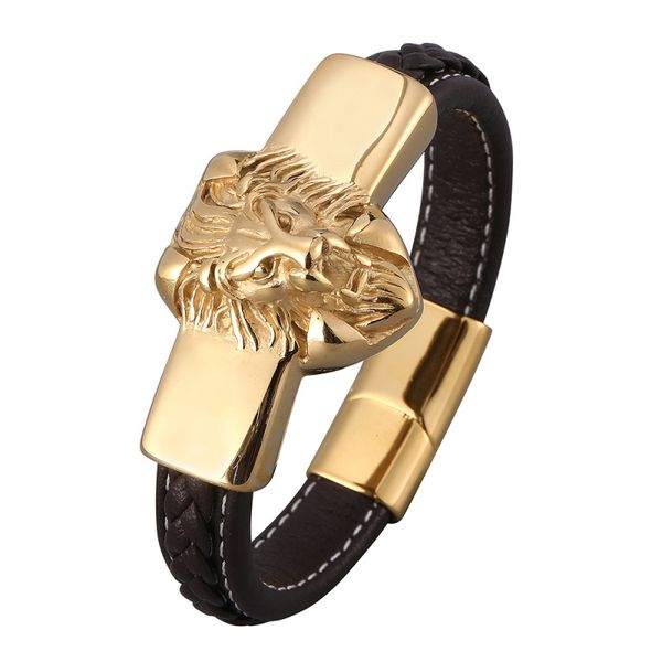 hip hop men jewelry gold plated stainless steel lion head charm leather bracelet with magnetic buckle, Golden;silver
hip hop men jewelry gold plated stainless steel lion head charm leather bracelet with magnetic buckle, Golden;silver