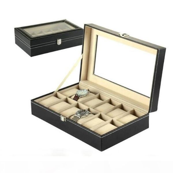 12 slots black pu leather wrist watch box watch case storage holder organizer jewelry display box 30x20x8cm, Black;blue
