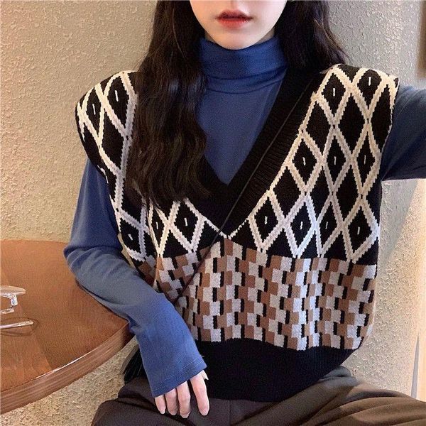 women sleeveless pullover autumn 2020 korean style vintage geometric rhombic v neck knit sweater vest tank waistcoat t4971, Black;white
women sleeveless pullover autumn 2020 korean style vintage geometric rhombic v neck knit sweater vest tank waistcoat t4971, Black;white