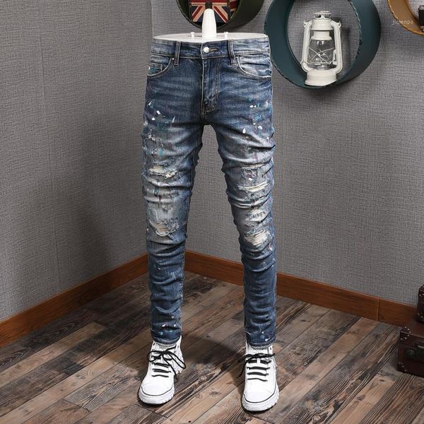 men's jeans american streetwear fashion men painted designer destroyed ripped denim punk pants slim fit hip hop trousers1, Blue
men's jeans american streetwear fashion men painted designer destroyed ripped denim punk pants slim fit hip hop trousers1, Blue