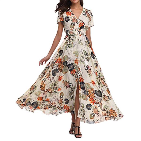 women dress white print short v neck sleeve floral flowy ankle length party rising fashion women dress summer, Black;gray
women dress white print short v neck sleeve floral flowy ankle length party rising fashion women dress summer, Black;gray