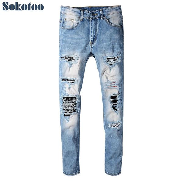 men's bandanna printed patchwork ripped blue stretch jeans plus size slim skinny plaid patch distressed denim pants
men's bandanna printed patchwork ripped blue stretch jeans plus size slim skinny plaid patch distressed denim pants