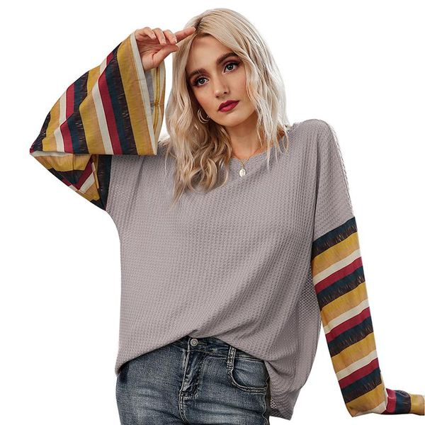 2021 knitted sweatshirt women spring and autumn striped trumpet sleeve long sleeve t-shirt european and american style pullover, White;black
2021 knitted sweatshirt women spring and autumn striped trumpet sleeve long sleeve t-shirt european and american style pullover, White;black