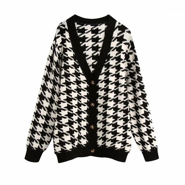 women houndstooth knitting loose sweater casual femme v-neck long sleeve pullover high street lady loose sw8991, White;black
women houndstooth knitting loose sweater casual femme v-neck long sleeve pullover high street lady loose sw8991, White;black