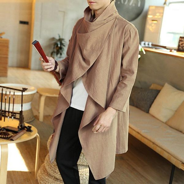 men retro jackets coat solid scarf collar casual irregular trench long sleeve cloak cotton stylish mens windbreaker 20201, Tan;black 
men retro jackets coat solid scarf collar casual irregular trench long sleeve cloak cotton stylish mens windbreaker 20201, Tan;black