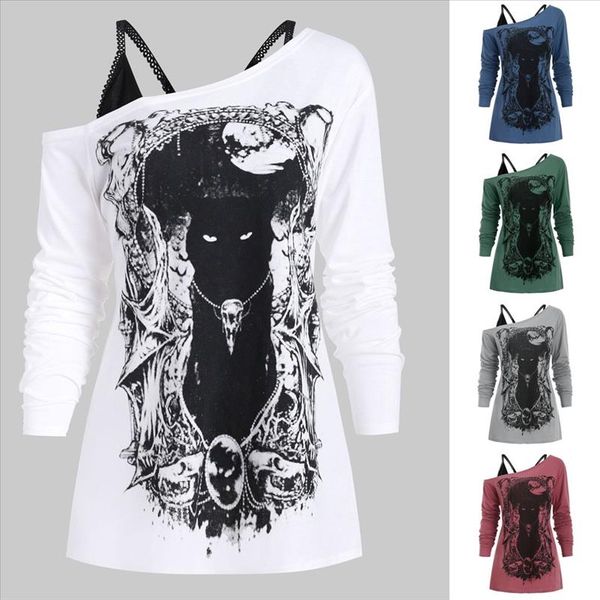 fashion blouse women shirt skew neck cold shoulder cartoon print gothic tee with cami women z4, White
fashion blouse women shirt skew neck cold shoulder cartoon print gothic tee with cami women z4, White