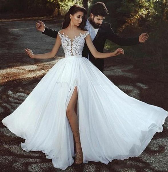 gorgeous a line beach wedding dresses sheer neck cap sleeves appliques lace chiffon side split vestidos de novia boho bridal gowns, White
gorgeous a line beach wedding dresses sheer neck cap sleeves appliques lace chiffon side split vestidos de novia boho bridal gowns, White