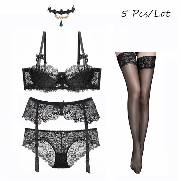 women's lace christmas lingerie set bra panties garter stockings and necklace 5 pieces/lots c1212, Black;white
women's lace christmas lingerie set bra panties garter stockings and necklace 5 pieces/lots c1212, Black;white