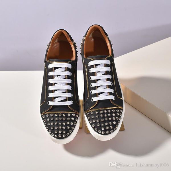 a1 with box fashion low cut spikes flats shoes red bottom for men and women leather sneakers party designer shoes, Black
a1 with box fashion low cut spikes flats shoes red bottom for men and women leather sneakers party designer shoes, Black
