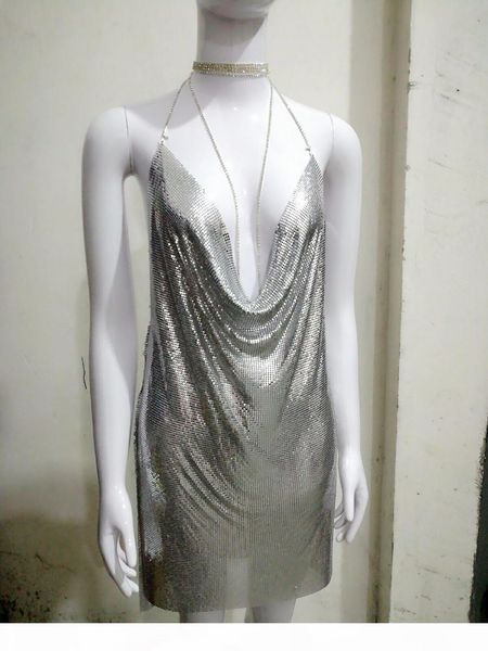 reaqka aluminum metal chain halter shining summer dress women beach club show sequin mini party dresses 2017 new vestidos q1113, Black;gray
reaqka aluminum metal chain halter shining summer dress women beach club show sequin mini party dresses 2017 new vestidos q1113, Black;gray