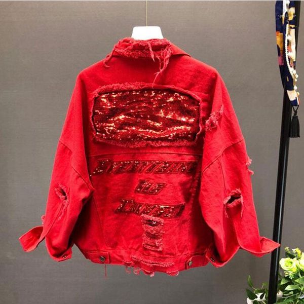 2019 autumn sequins red denim coat women's fashion loose short hole jacket female student bf wind black jeans coat overcoats 9151, Black;brown
2019 autumn sequins red denim coat women's fashion loose short hole jacket female student bf wind black jeans coat overcoats 9151, Black;brown
