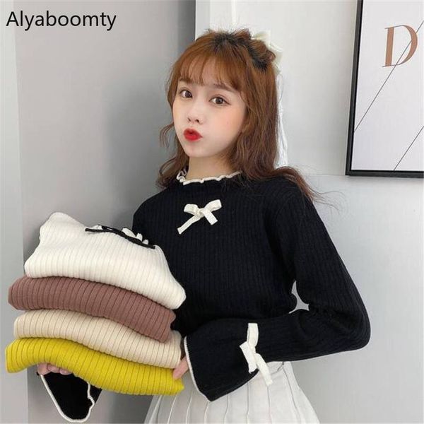 japanese preppy style autumn winter women sweater ruffled collar black yellow white apricot knitted sweater bow flare sleeve, White;black
japanese preppy style autumn winter women sweater ruffled collar black yellow white apricot knitted sweater bow flare sleeve, White;black
