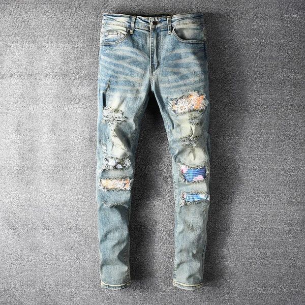 high street patchwork blue jeans men 2021 hip hop ripped hole slim jeans pants men trendy party club calsas masculina1
high street patchwork blue jeans men 2021 hip hop ripped hole slim jeans pants men trendy party club calsas masculina1