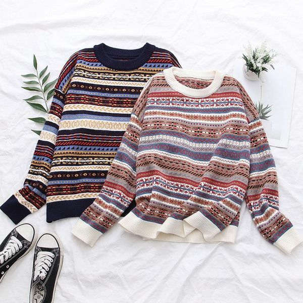 women koreanstyle retro geometrical striped jacquard pullovers loose round neck knitting sweater long sleeved casual pull femme1, White;black
women koreanstyle retro geometrical striped jacquard pullovers loose round neck knitting sweater long sleeved casual pull femme1, White;black