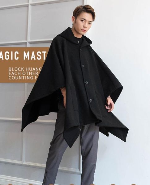 men's wool & blends loose mid-length single-breasted autumn winter coat hooded cloak men dark shawl hip-hop1, Black
men's wool & blends loose mid-length single-breasted autumn winter coat hooded cloak men dark shawl hip-hop1, Black