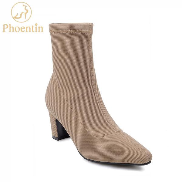 phoentin apricot stretch fabric socks ankle boots 2020 new arrival slip women boots high heels elegant lady footwear black ft581