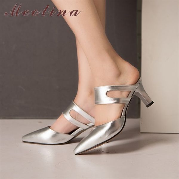 meoitna mules shoes summer women slides high heel slippers cutout ladies heel slides shoes women white sliver red big size 42 43 y200423, Black