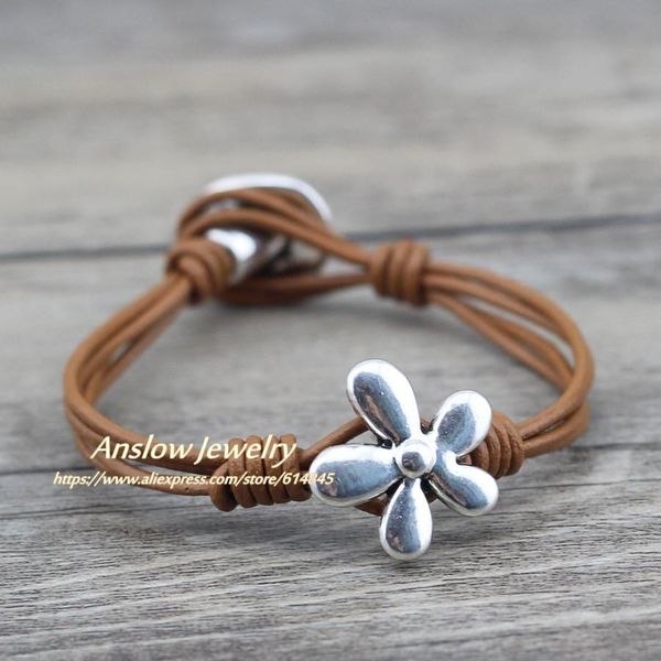 anslow brand 2017 charm bijoux flowers leather bracelet for women men mother father's day gift low0613lb sqcuko, Golden;silver