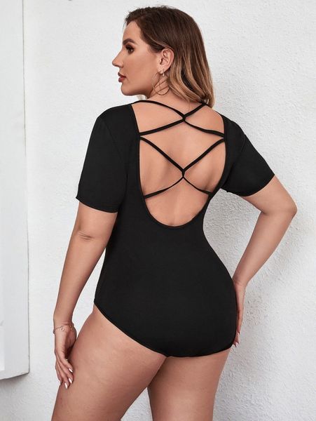 plus twist back cut out scoop neck bodysuit f17w#, Black
plus twist back cut out scoop neck bodysuit f17w#, Black