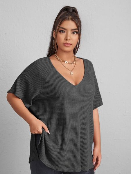 plus waffle knit split high low tee f36q#, Black 
plus waffle knit split high low tee f36q#, Black