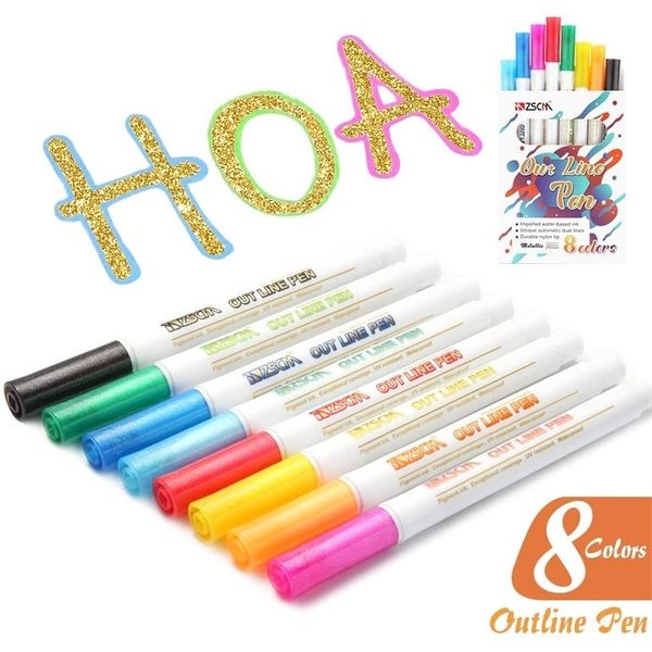 8pc/set Double Line Outline Pen Glitter Color Fluorescent Marker Metal Color Pen Handwriting Pen for Drawing Christmas Doodling 201211