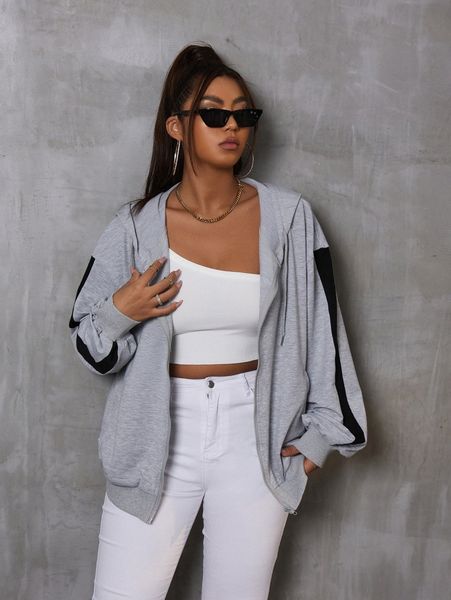 plus zip up contrast side seam drop shoulder drawstring hoodie s6gh#, Black
plus zip up contrast side seam drop shoulder drawstring hoodie s6gh#, Black