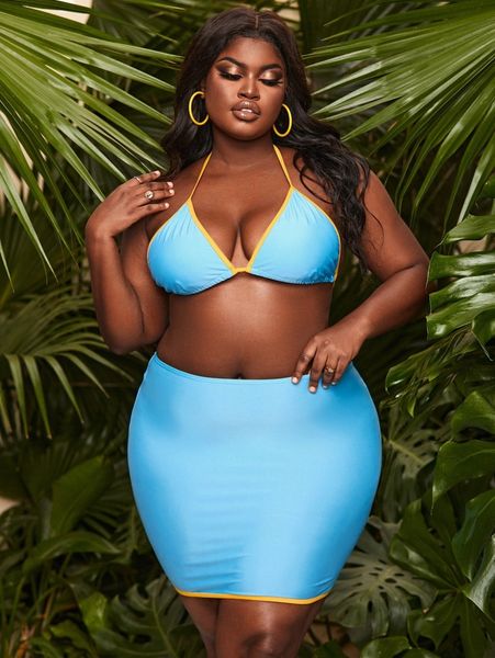 3pack plus contrast binding halter bikini swimsuit & beach skirt 297r#, Black
3pack plus contrast binding halter bikini swimsuit & beach skirt 297r#, Black