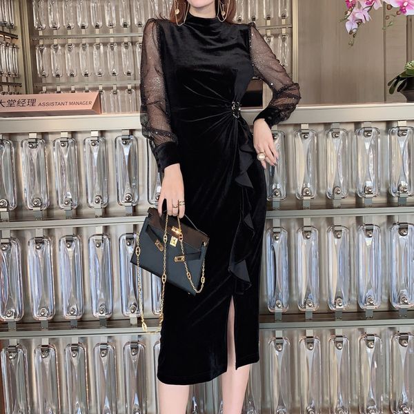 autumn of velvet seam tulle sequins long curly sleeves ruffled thin fit mid-length dress women's clothes x001, Black;gray
autumn of velvet seam tulle sequins long curly sleeves ruffled thin fit mid-length dress women's clothes x001, Black;gray