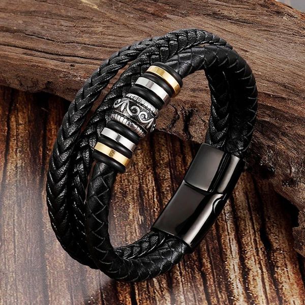 exquisite leather material hand-woven multi-layer men's leather bracelet retro stainless steel geometric buckle fine jewelry, Black
exquisite leather material hand-woven multi-layer men's leather bracelet retro stainless steel geometric buckle fine jewelry, Black