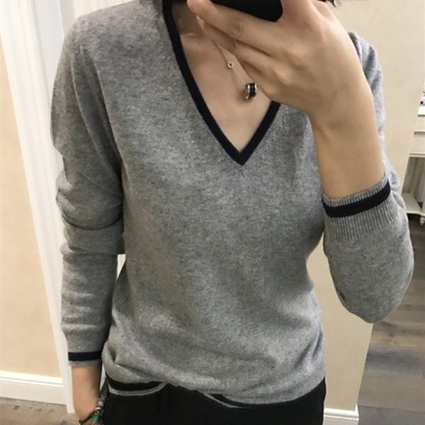 

2021 new hit color cashmere cotton blended v-neck women autumn winter knitwear jumper pull femme pullover sweater is3y, White;black