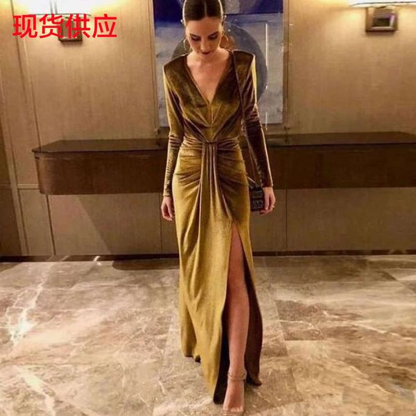 women's fashion deep v long sleeve evening velvet dress, Black;gray