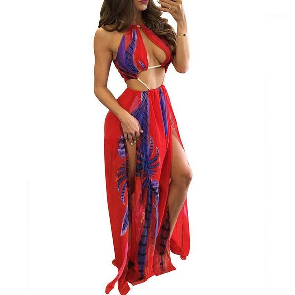 women summer beach maxi dress floral print stripe halter deep v backless boho party dress split long beach vestidos grnshts1, Black;gray