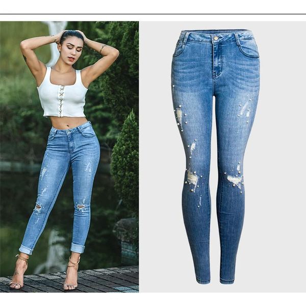 women's jeans pearl beaded embellished high waist ripped hole women denim pants stretchy skinny, Blue
women's jeans pearl beaded embellished high waist ripped hole women denim pants stretchy skinny, Blue