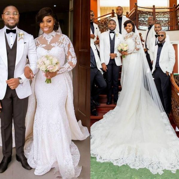 2021 african high neck wedding dresses mermaid ivory lace applique with overskirt sweep train custom made long sleeves wedding gown vestido, White
2021 african high neck wedding dresses mermaid ivory lace applique with overskirt sweep train custom made long sleeves wedding gown vestido, White