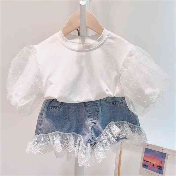 summer girls clothing sets korean princess bubble sleeve lace stitching denim shorts 2pcs children baby kids clothes suit, White
summer girls clothing sets korean princess bubble sleeve lace stitching denim shorts 2pcs children baby kids clothes suit, White