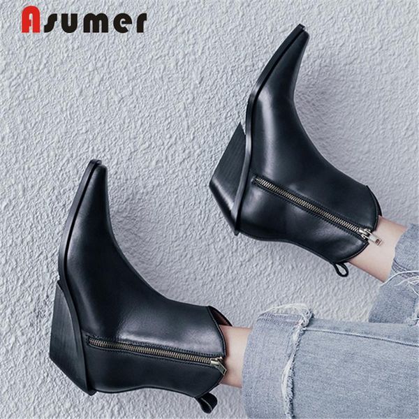 asumer 2020 new full genuine leather boots wedges heels pointed toe western boots zipper retro cow leather ankle women, Black
asumer 2020 new full genuine leather boots wedges heels pointed toe western boots zipper retro cow leather ankle women, Black