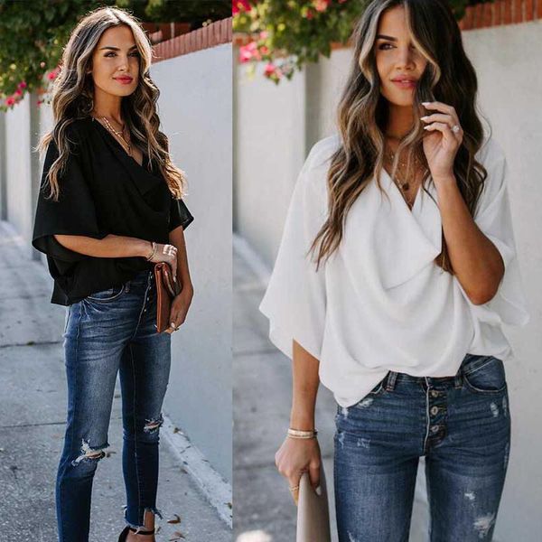 women fashion chiffon blouse summer v collar loose female office blouse casual shirt, White
women fashion chiffon blouse summer v collar loose female office blouse casual shirt, White