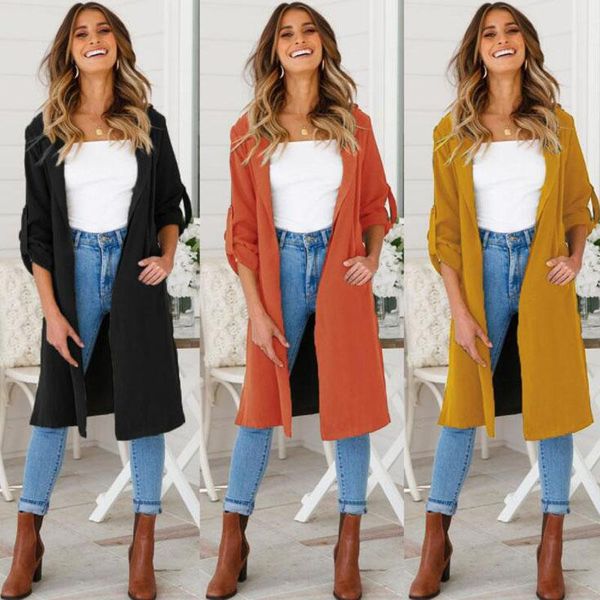 lapel open slit hem windbreaker fashion slim solid women trench coat casual women's autumn raincoat, Tan;black 
lapel open slit hem windbreaker fashion slim solid women trench coat casual women's autumn raincoat, Tan;black