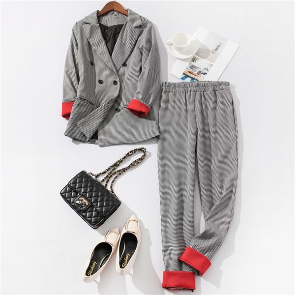 2 гороха convunto de escritrio senhoras xadrez blazer ternos convundos feminino duplo cranged outfits retalhos manga algemada terno yvuw, Gray
2 гороха convunto de escritrio senhoras xadrez blazer ternos convundos feminino duplo cranged outfits retalhos manga algemada terno yvuw, Gray