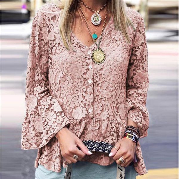 35 shirt women lace flare sleeve pink solid v neck elegant blouse office ladies long sleeve autumn shirt chemise femme, White
35 shirt women lace flare sleeve pink solid v neck elegant blouse office ladies long sleeve autumn shirt chemise femme, White