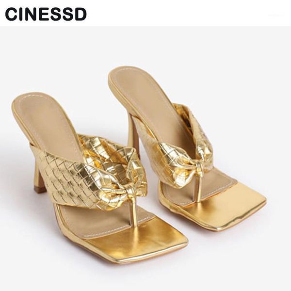 new designer women flip-flops sandals fashion leather square head thin heels party dress shoes black gold silver1