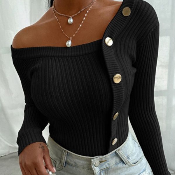 new women's fashion elegant button strapless female knitted slash neck long sleeve lady pullover sweater, White;black
new women's fashion elegant button strapless female knitted slash neck long sleeve lady pullover sweater, White;black