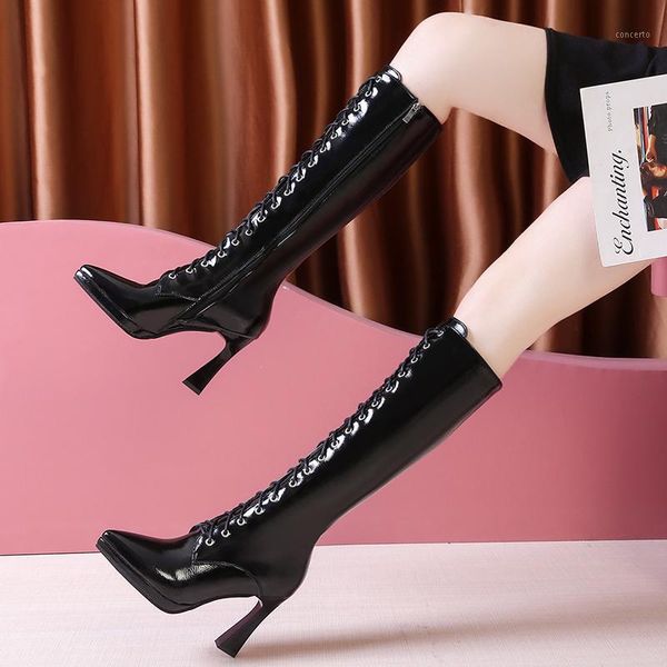 women patent leather knee high boots pointed toe super high heels long boots woman autumn winter warm lace up botas1, Black
women patent leather knee high boots pointed toe super high heels long boots woman autumn winter warm lace up botas1, Black