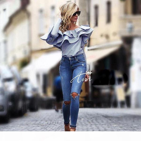 2017 designer blouse women's one shoulder ruffles striped casual blouse top, White