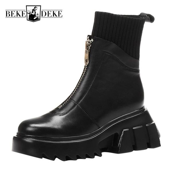 winter biker ankle boots women punk style front zipper wedges platform shoes street genuine leather high heel sock boots female, Black
winter biker ankle boots women punk style front zipper wedges platform shoes street genuine leather high heel sock boots female, Black