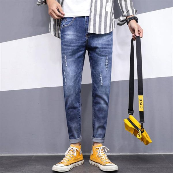 men's jeans spring arrive distressed fashion trendy stretch ankle length casual denim pants slim fit youth straight trousers, Blue
men's jeans spring arrive distressed fashion trendy stretch ankle length casual denim pants slim fit youth straight trousers, Blue