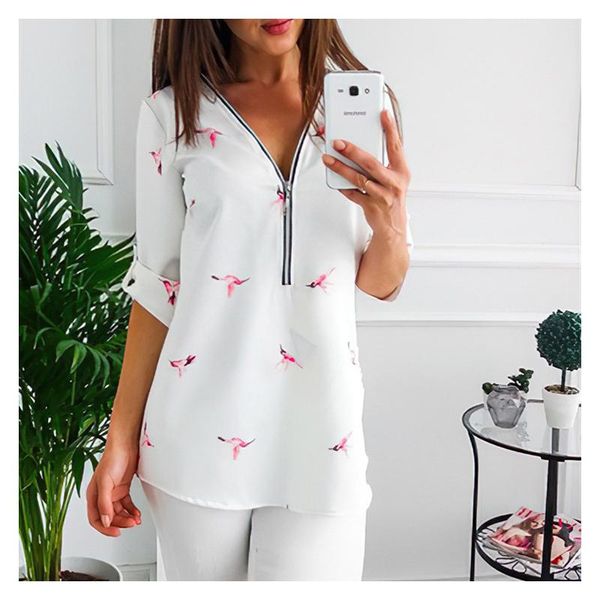 women's t-shirt 2021 clothes v neck zipper shirt printed rolled sleeves mid sleeve long fashion summer, White
women's t-shirt 2021 clothes v neck zipper shirt printed rolled sleeves mid sleeve long fashion summer, White