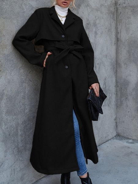 lapel collar self tie button front overcoat n9jf#, Black
lapel collar self tie button front overcoat n9jf#, Black