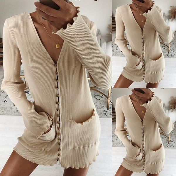 women long sleeve v-neck slim mini dress button down solid color ribbed knitted ruffles trim vintage cardigan1, Black;gray
women long sleeve v-neck slim mini dress button down solid color ribbed knitted ruffles trim vintage cardigan1, Black;gray