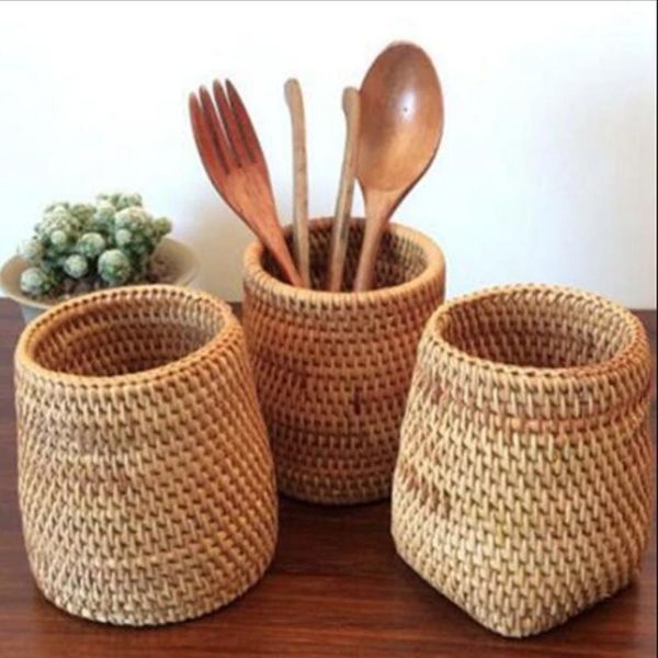 rattan chopsticks tube shovel spoon bucket table knife and fork tableware storage tube household storage basket small flower ba1